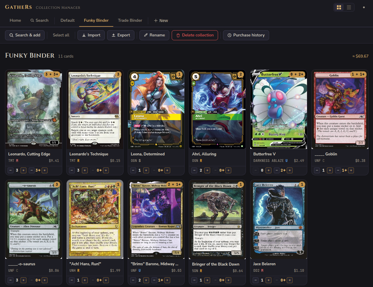 GatheRs Web UI — card search interface